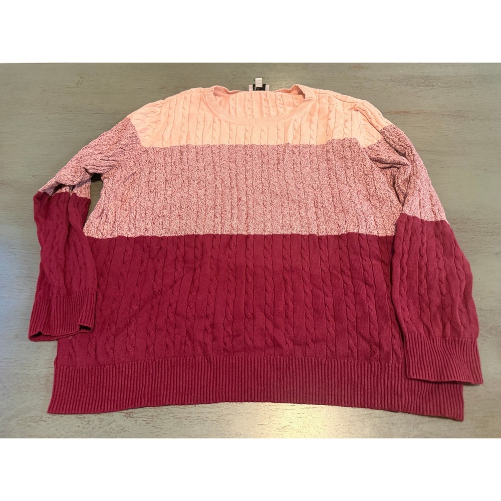 Kim Rogers Womens 2X Pink Burgundy Colorblock Cable Knit 100% Cotton Sweater